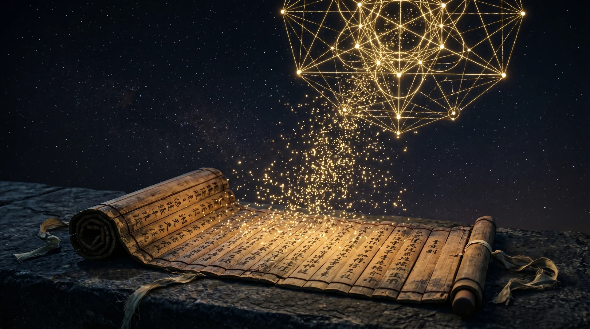 An ancient bamboo scroll releasing points of golden light that form a constellation