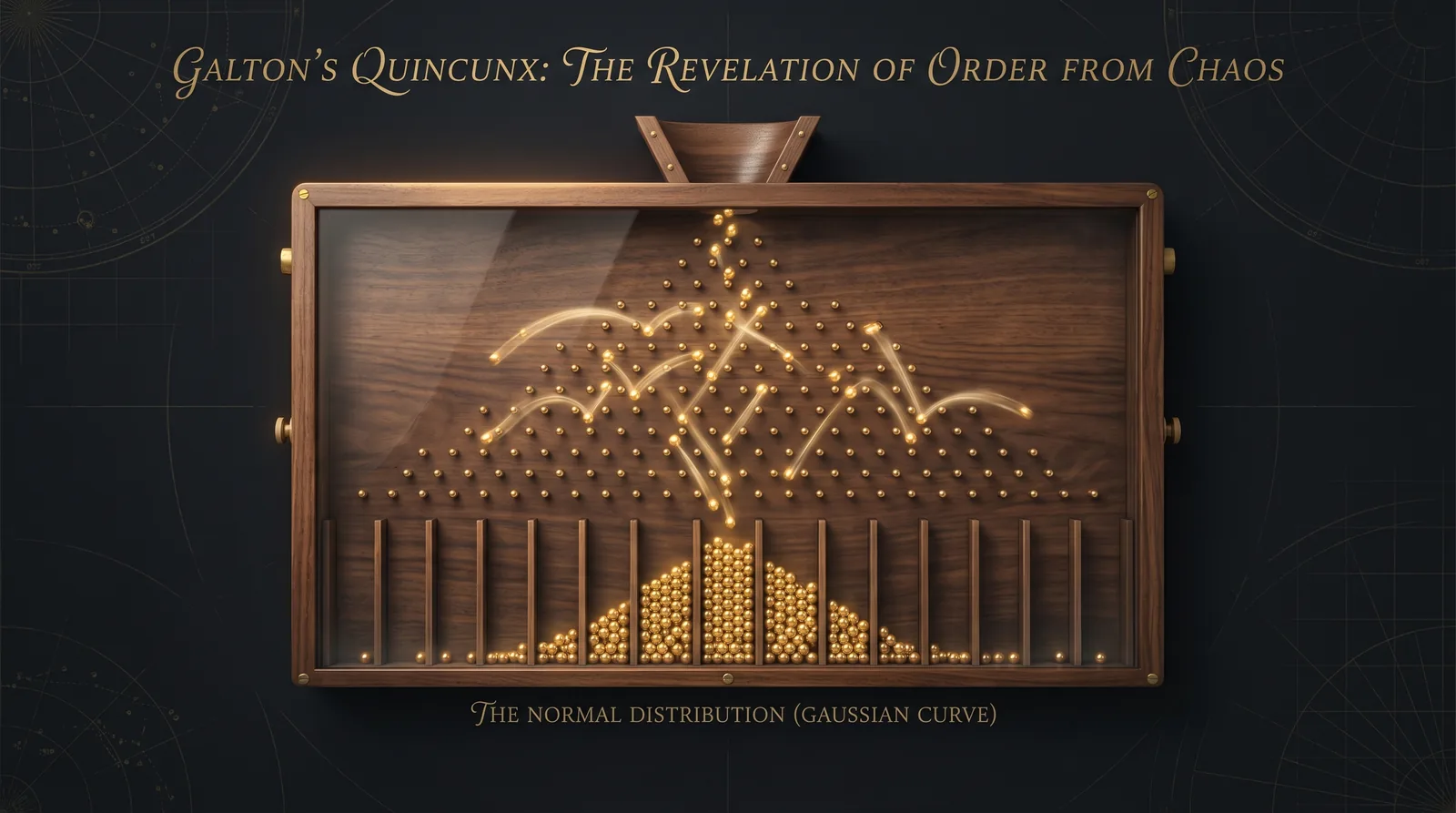 A vintage Galton board — golden beads forming a perfect normal distribution