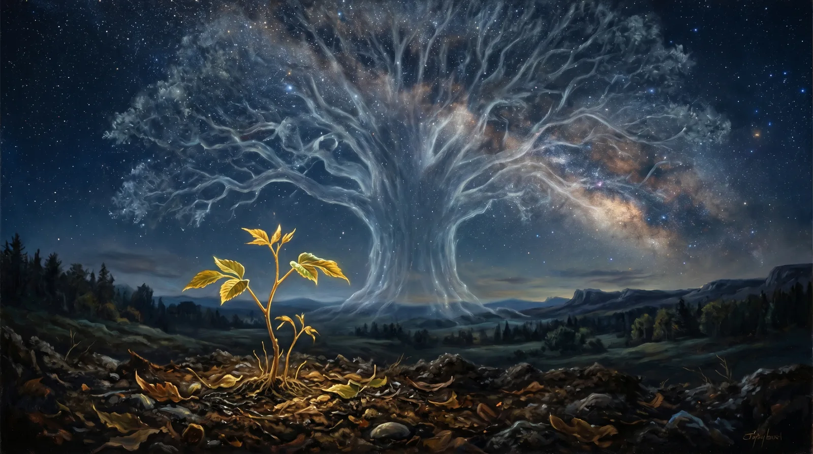 A small golden sapling beneath the silhouette of a vast ancient tree