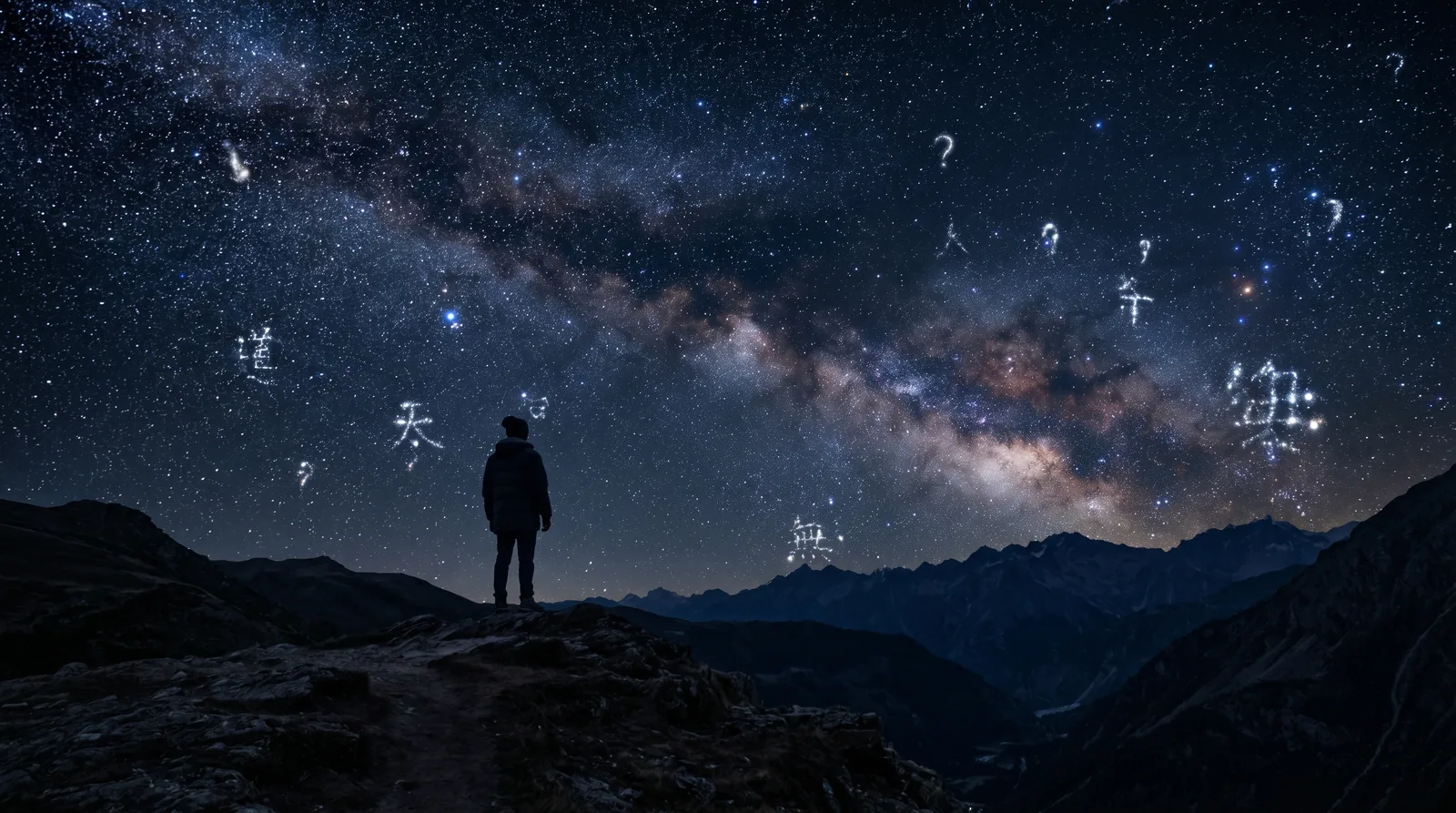 A solitary figure beneath a starlit sky where stars form ancient characters