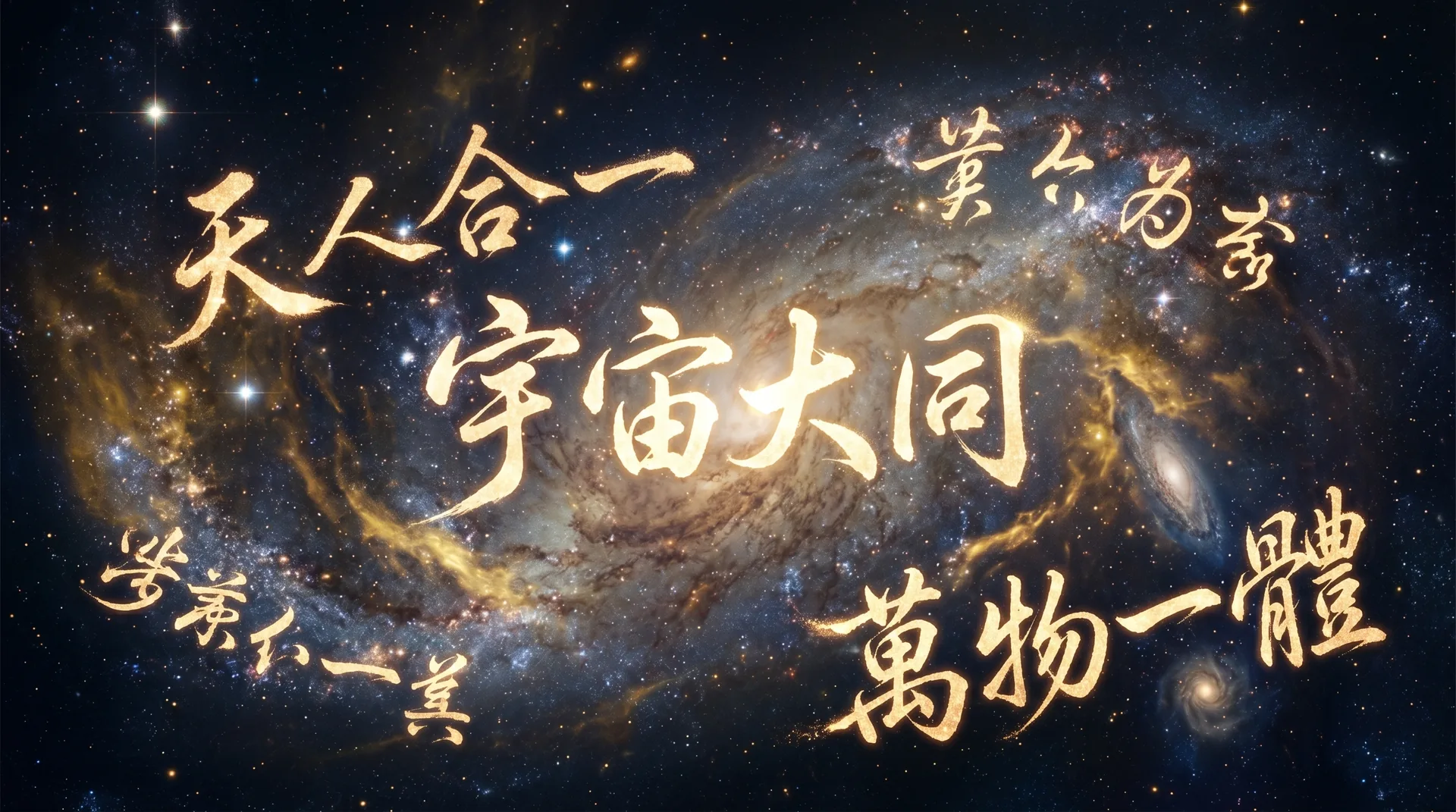 A cosmic vista where calligraphy and galaxies merge — heaven and humanity as one