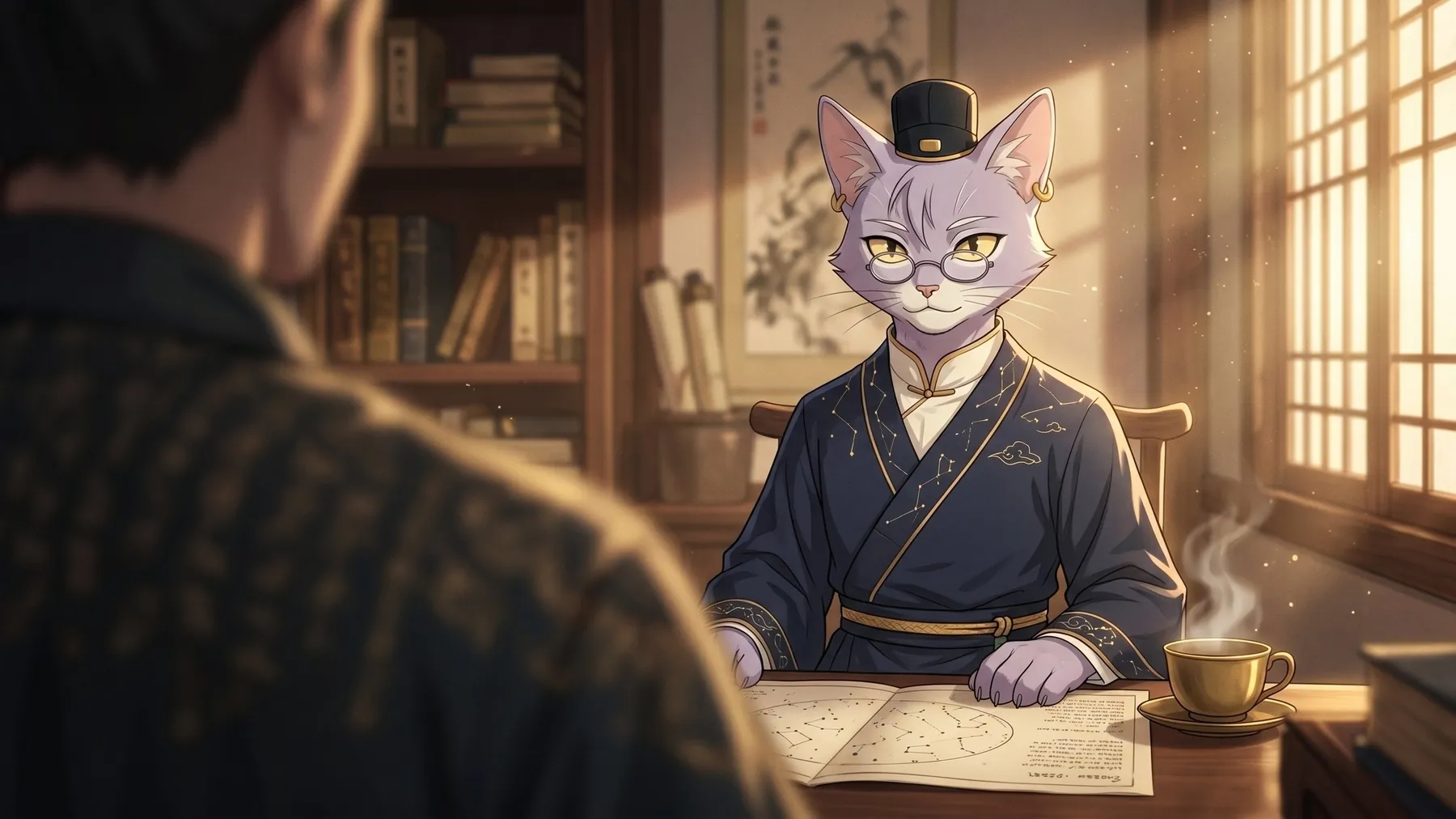 Soram — A cat scholar reading saju